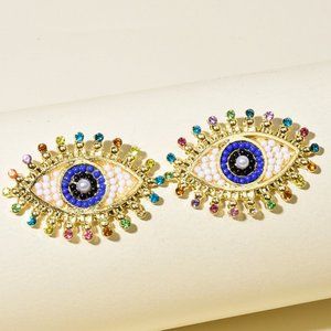 Gold Beaded Rhinestone Eye Stud Earrings BOHO RAINBOW CUTE STUDS CLASSIC FUN